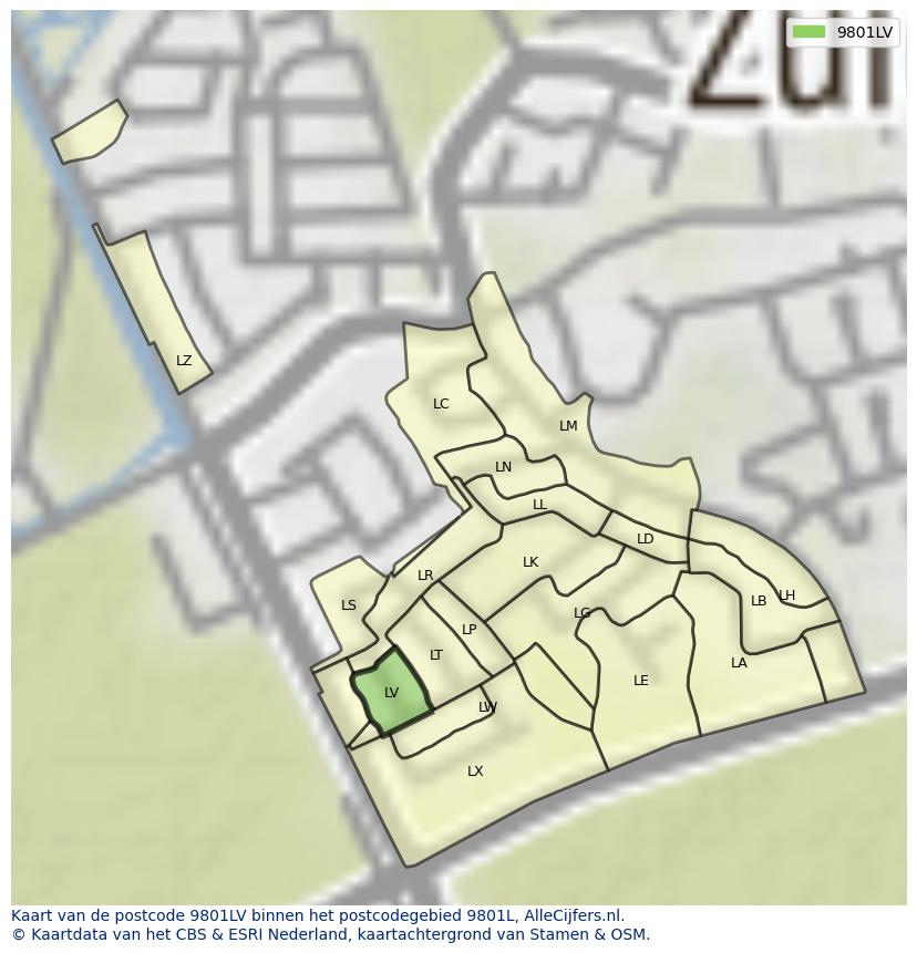 Afbeelding van het postcodegebied 9801 LV op de kaart.