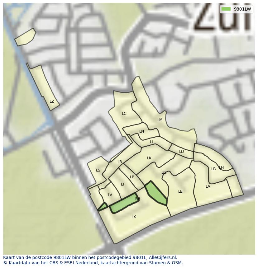 Afbeelding van het postcodegebied 9801 LW op de kaart.