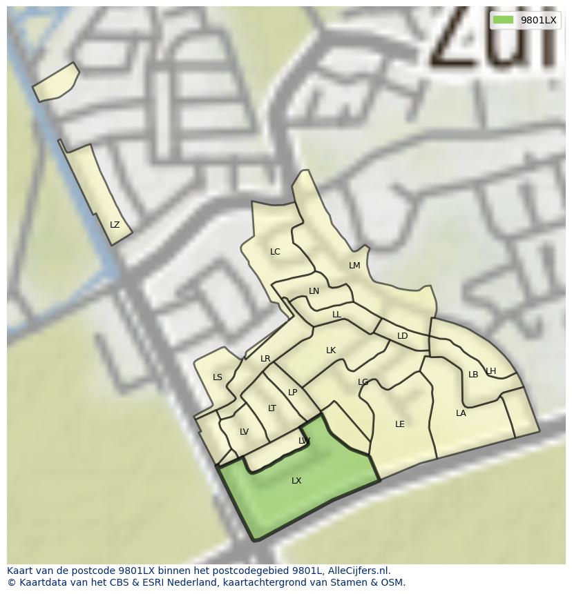 Afbeelding van het postcodegebied 9801 LX op de kaart.