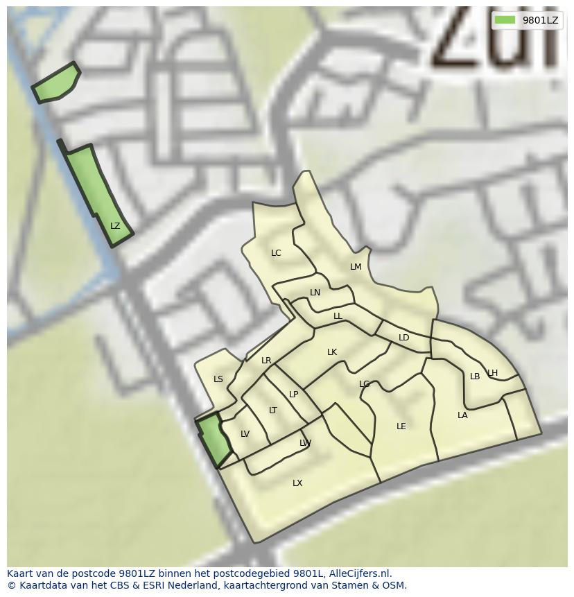Afbeelding van het postcodegebied 9801 LZ op de kaart.