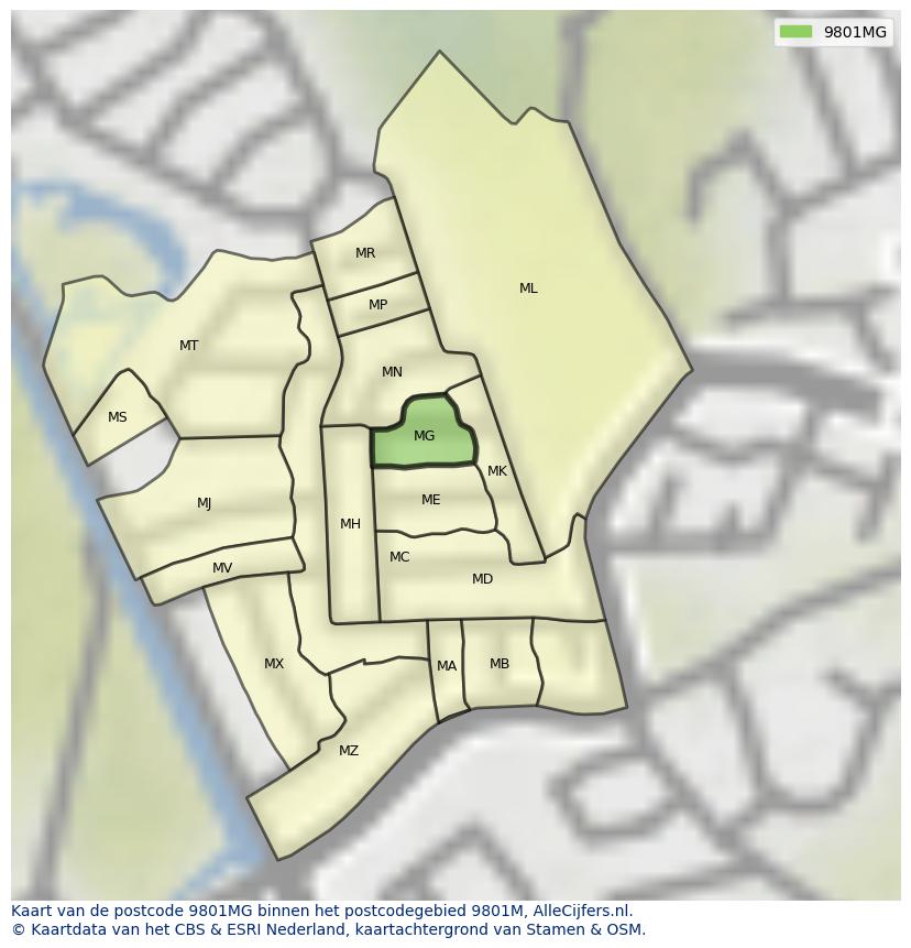 Afbeelding van het postcodegebied 9801 MG op de kaart.