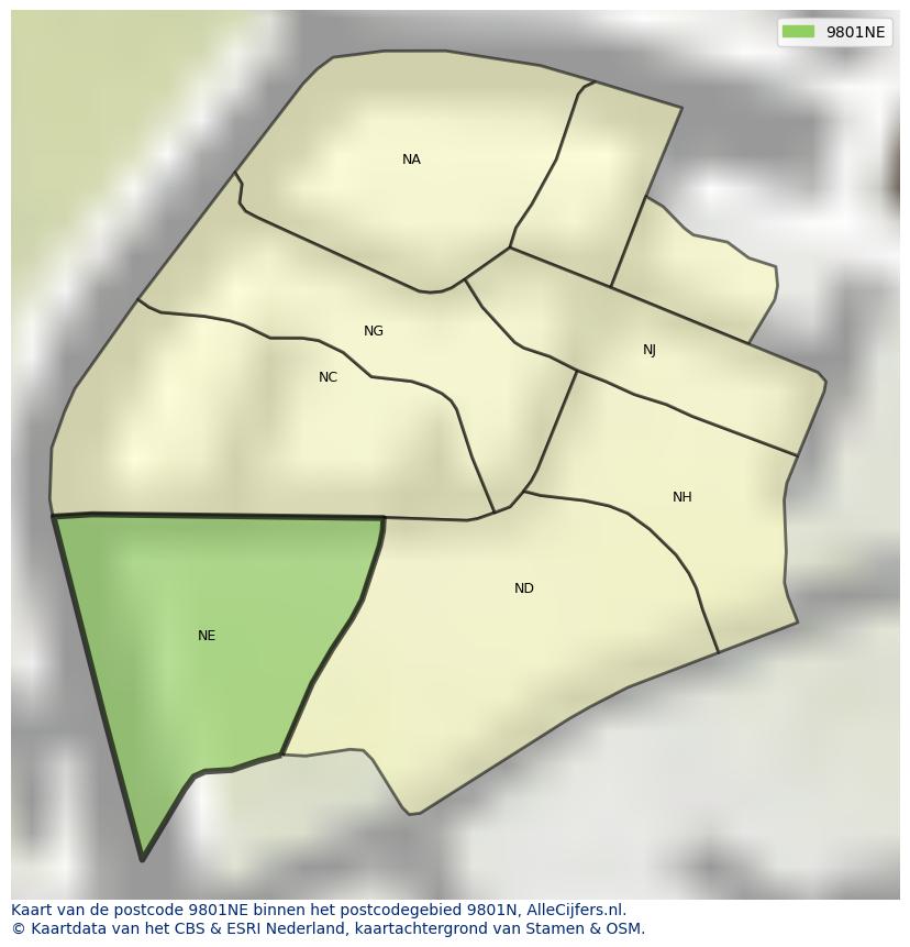 Afbeelding van het postcodegebied 9801 NE op de kaart.