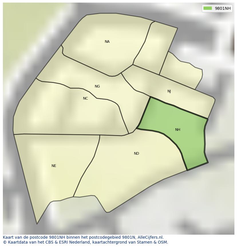 Afbeelding van het postcodegebied 9801 NH op de kaart.