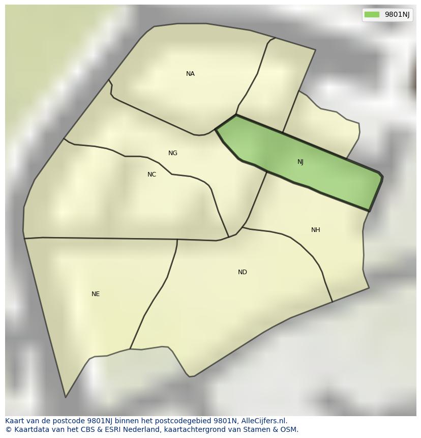 Afbeelding van het postcodegebied 9801 NJ op de kaart.