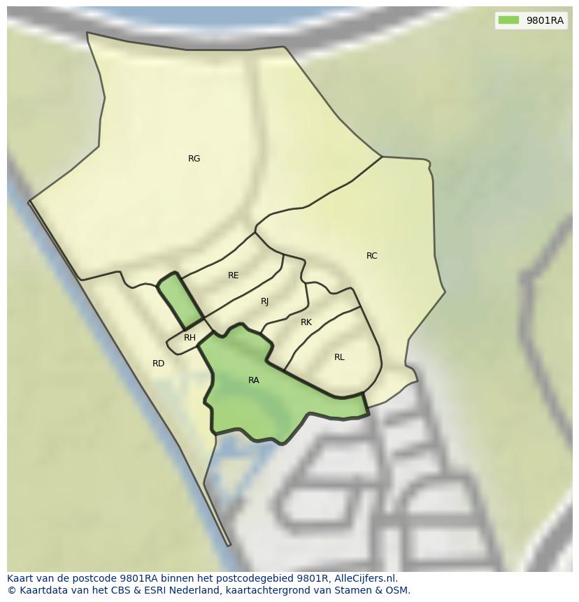 Afbeelding van het postcodegebied 9801 RA op de kaart.