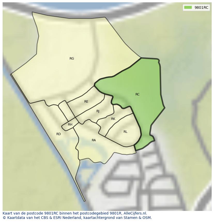 Afbeelding van het postcodegebied 9801 RC op de kaart.