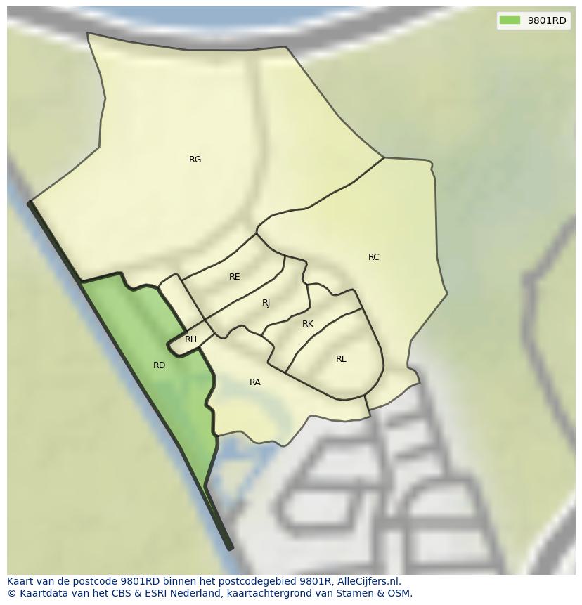 Afbeelding van het postcodegebied 9801 RD op de kaart.