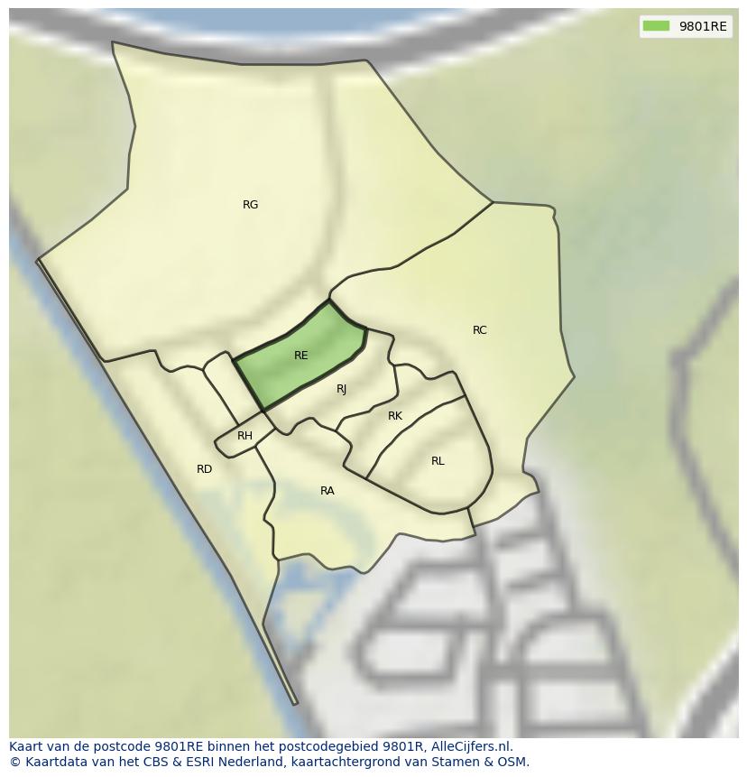 Afbeelding van het postcodegebied 9801 RE op de kaart.