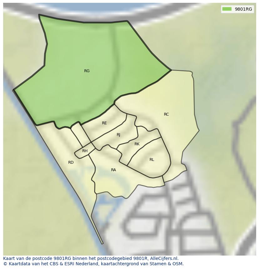 Afbeelding van het postcodegebied 9801 RG op de kaart.