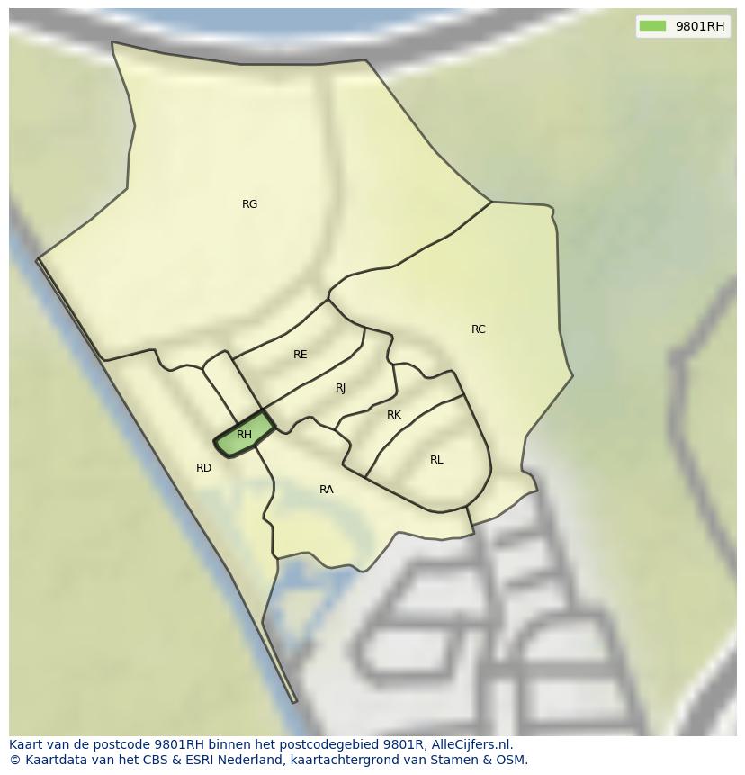 Afbeelding van het postcodegebied 9801 RH op de kaart.