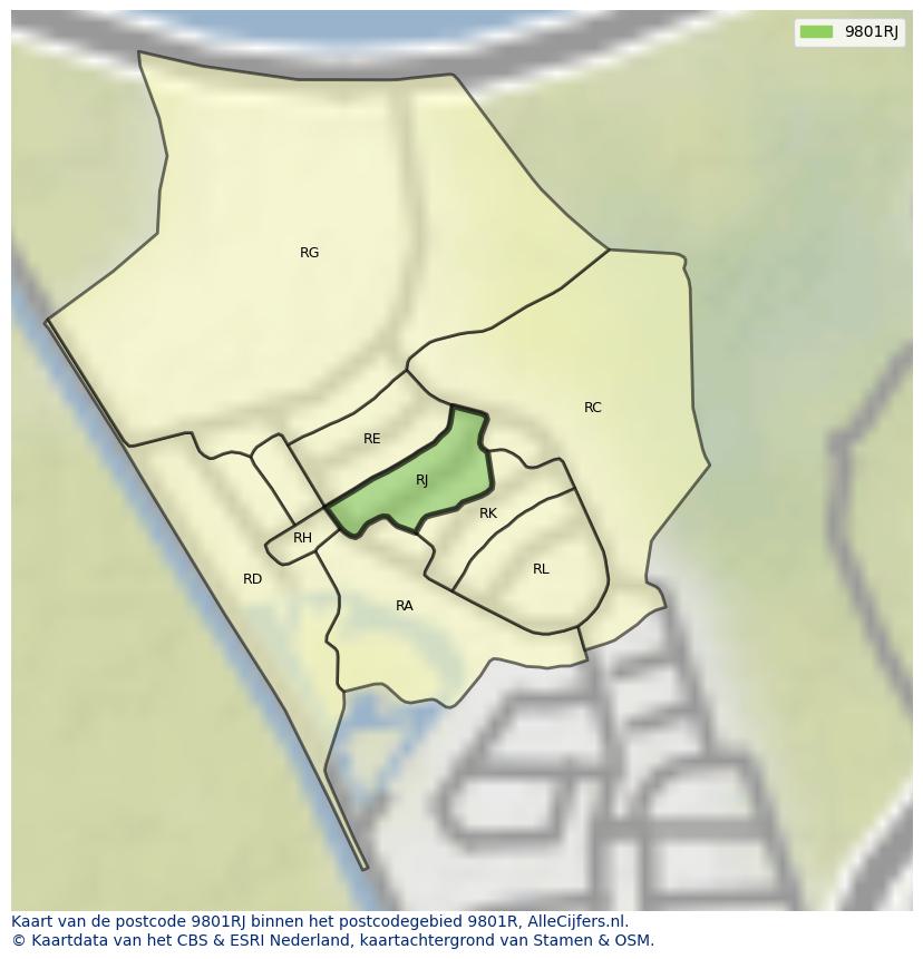 Afbeelding van het postcodegebied 9801 RJ op de kaart.