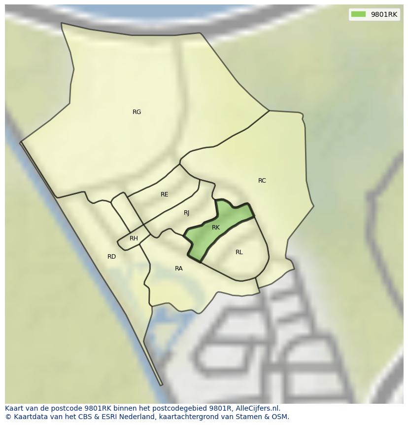 Afbeelding van het postcodegebied 9801 RK op de kaart.