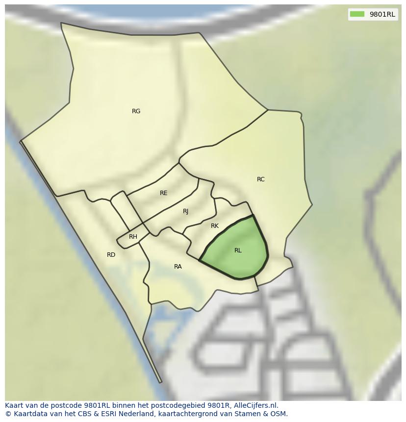 Afbeelding van het postcodegebied 9801 RL op de kaart.