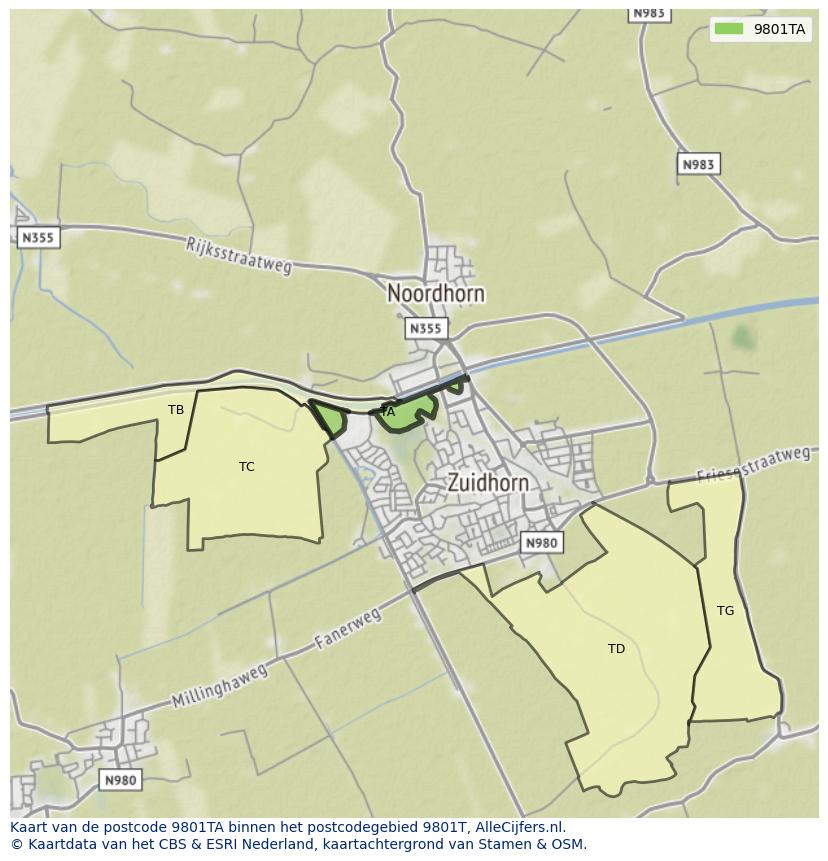 Afbeelding van het postcodegebied 9801 TA op de kaart.