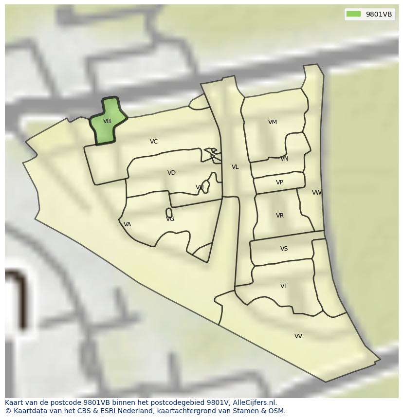 Afbeelding van het postcodegebied 9801 VB op de kaart.