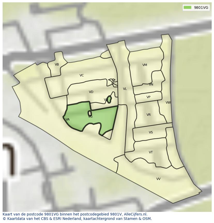 Afbeelding van het postcodegebied 9801 VG op de kaart.