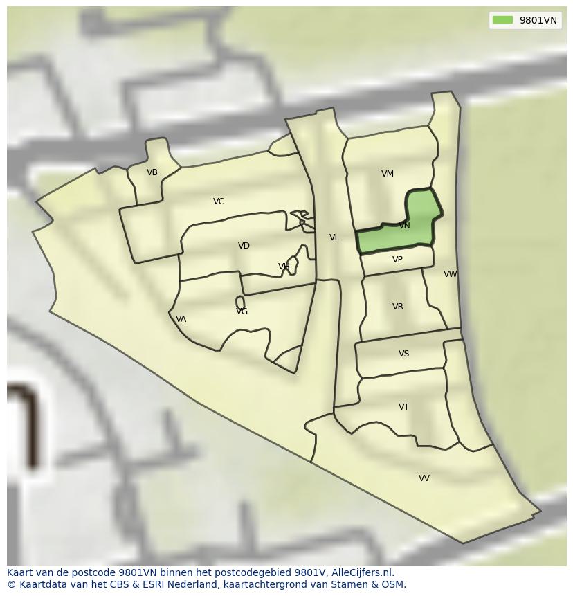 Afbeelding van het postcodegebied 9801 VN op de kaart.