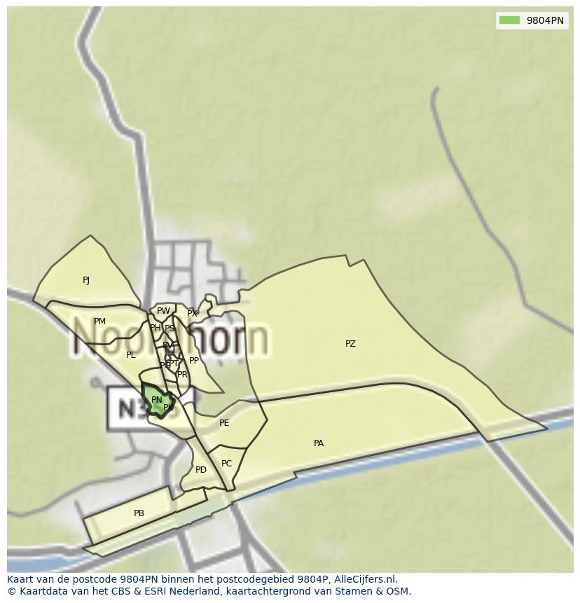 Afbeelding van het postcodegebied 9804 PN op de kaart.