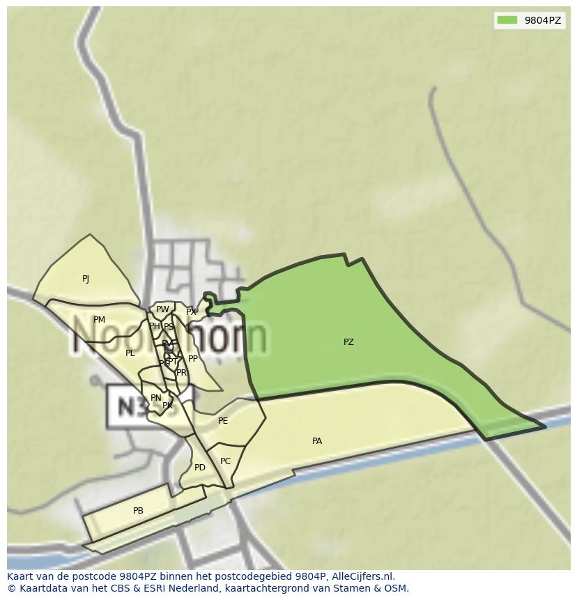 Afbeelding van het postcodegebied 9804 PZ op de kaart.