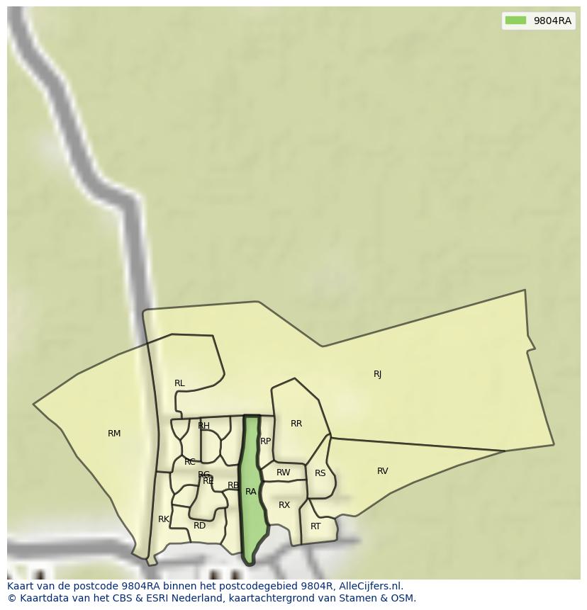 Afbeelding van het postcodegebied 9804 RA op de kaart.