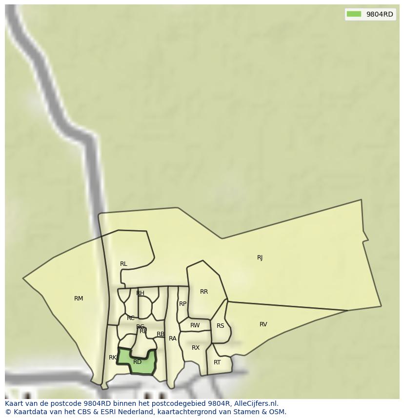 Afbeelding van het postcodegebied 9804 RD op de kaart.