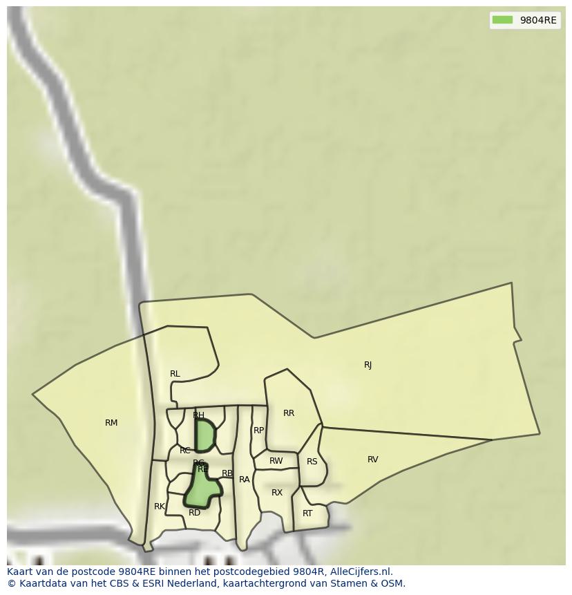 Afbeelding van het postcodegebied 9804 RE op de kaart.