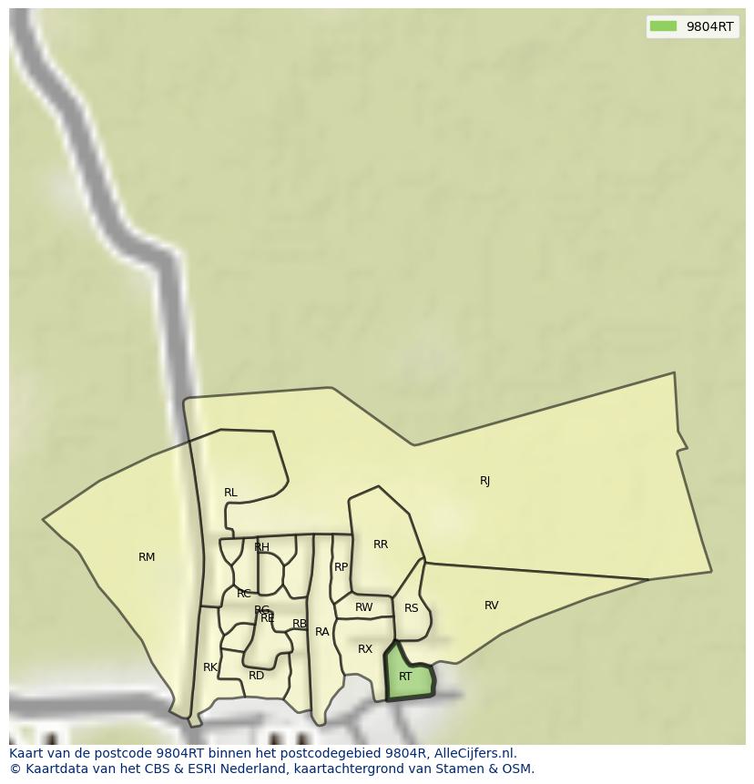 Afbeelding van het postcodegebied 9804 RT op de kaart.