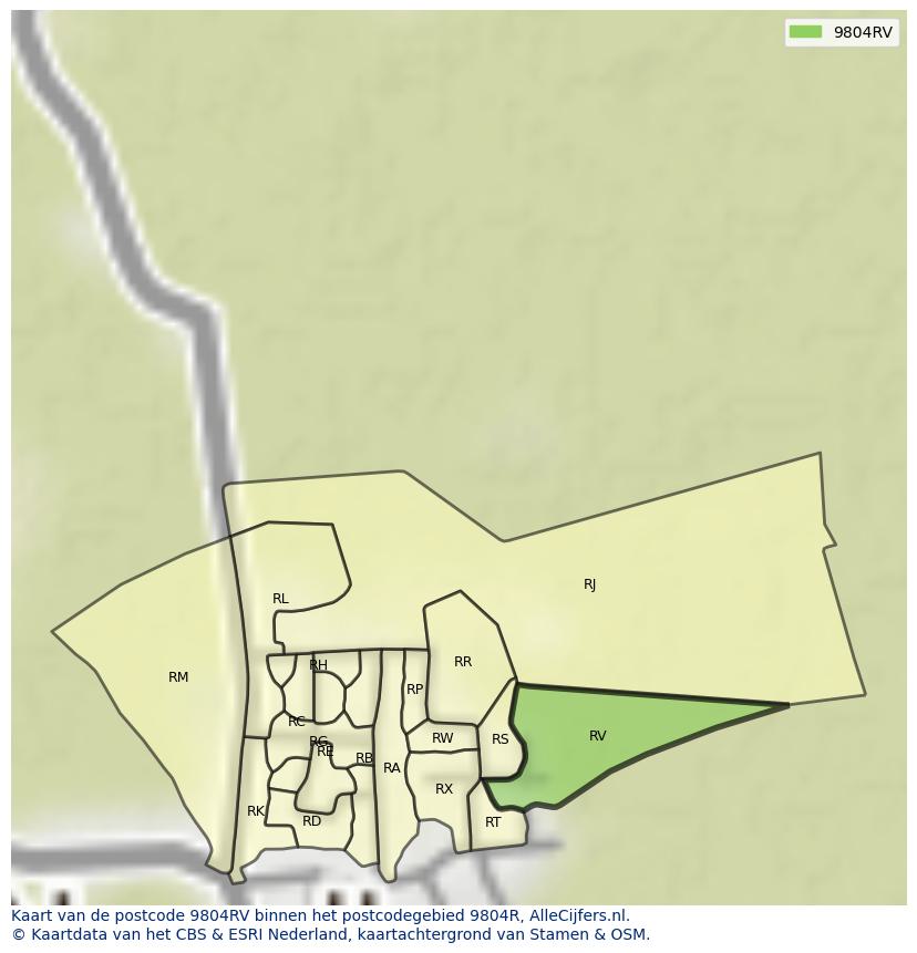 Afbeelding van het postcodegebied 9804 RV op de kaart.