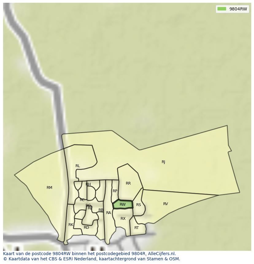 Afbeelding van het postcodegebied 9804 RW op de kaart.