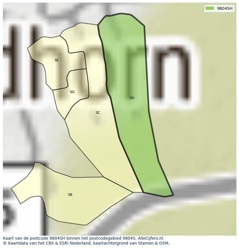 Afbeelding van het postcodegebied 9804 SH op de kaart.