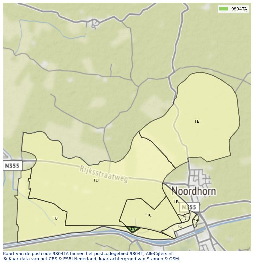 Afbeelding van het postcodegebied 9804 TA op de kaart.