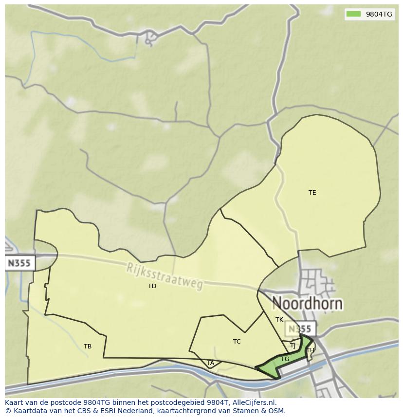 Afbeelding van het postcodegebied 9804 TG op de kaart.