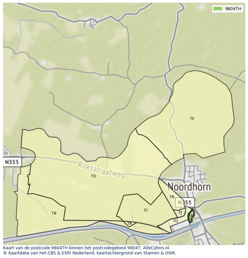 Afbeelding van het postcodegebied 9804 TH op de kaart.