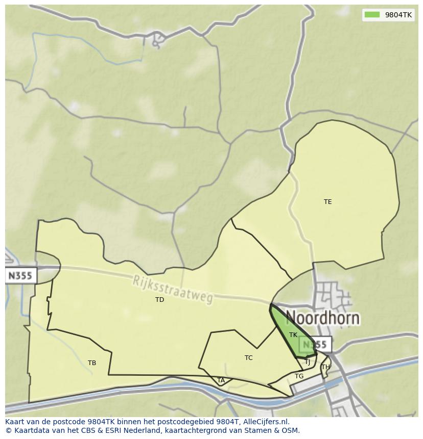 Afbeelding van het postcodegebied 9804 TK op de kaart.