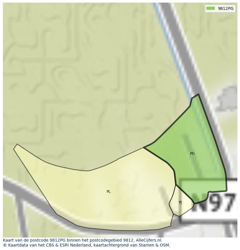 Afbeelding van het postcodegebied 9812 PG op de kaart.