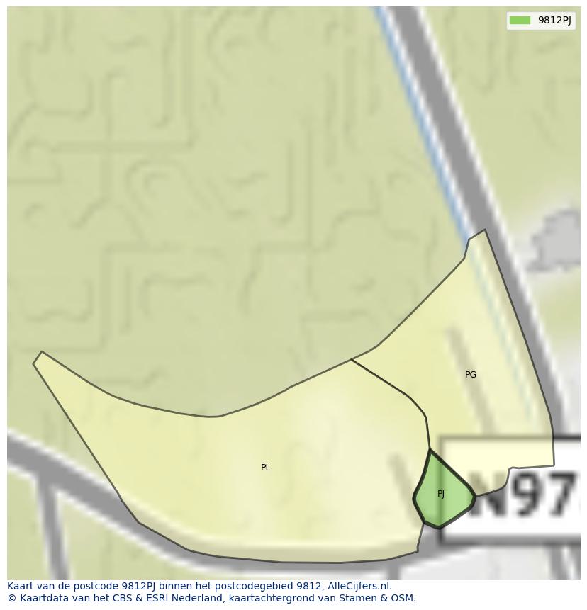 Afbeelding van het postcodegebied 9812 PJ op de kaart.