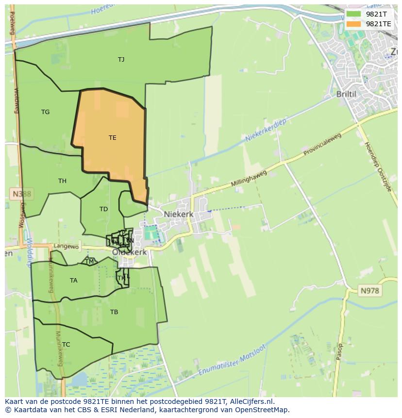 Afbeelding van het postcodegebied 9821 TE op de kaart.