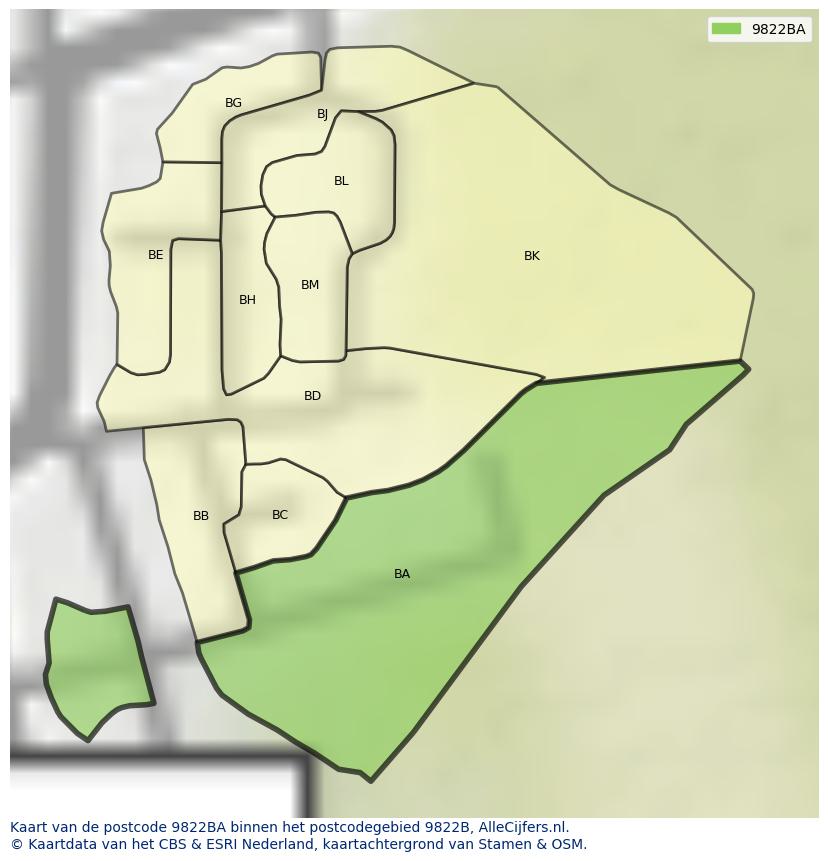 Afbeelding van het postcodegebied 9822 BA op de kaart.