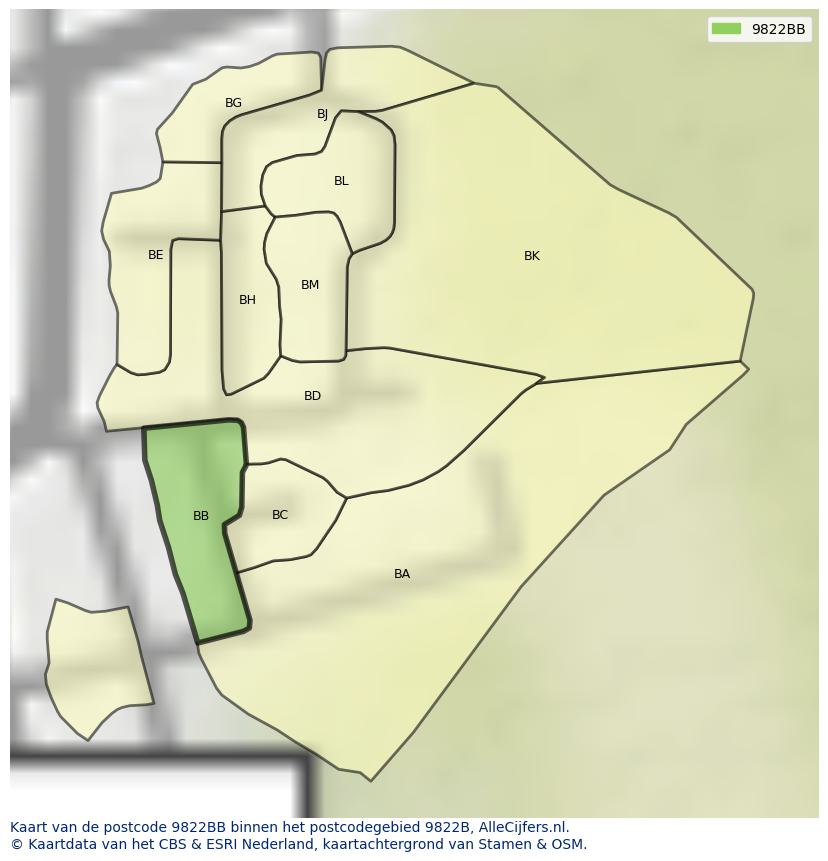 Afbeelding van het postcodegebied 9822 BB op de kaart.