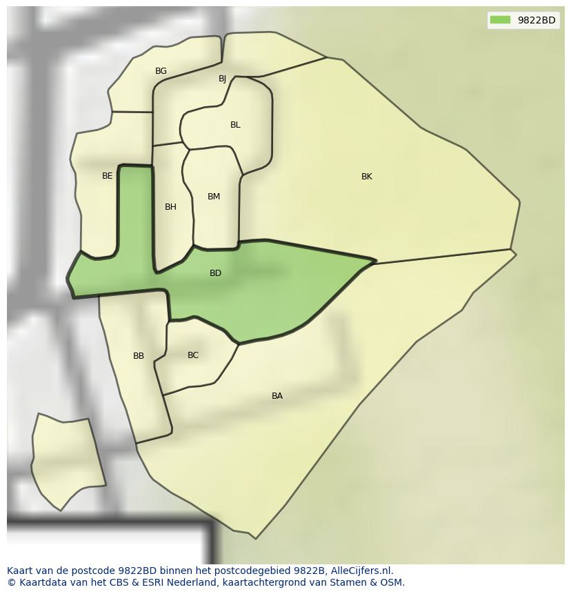 Afbeelding van het postcodegebied 9822 BD op de kaart.