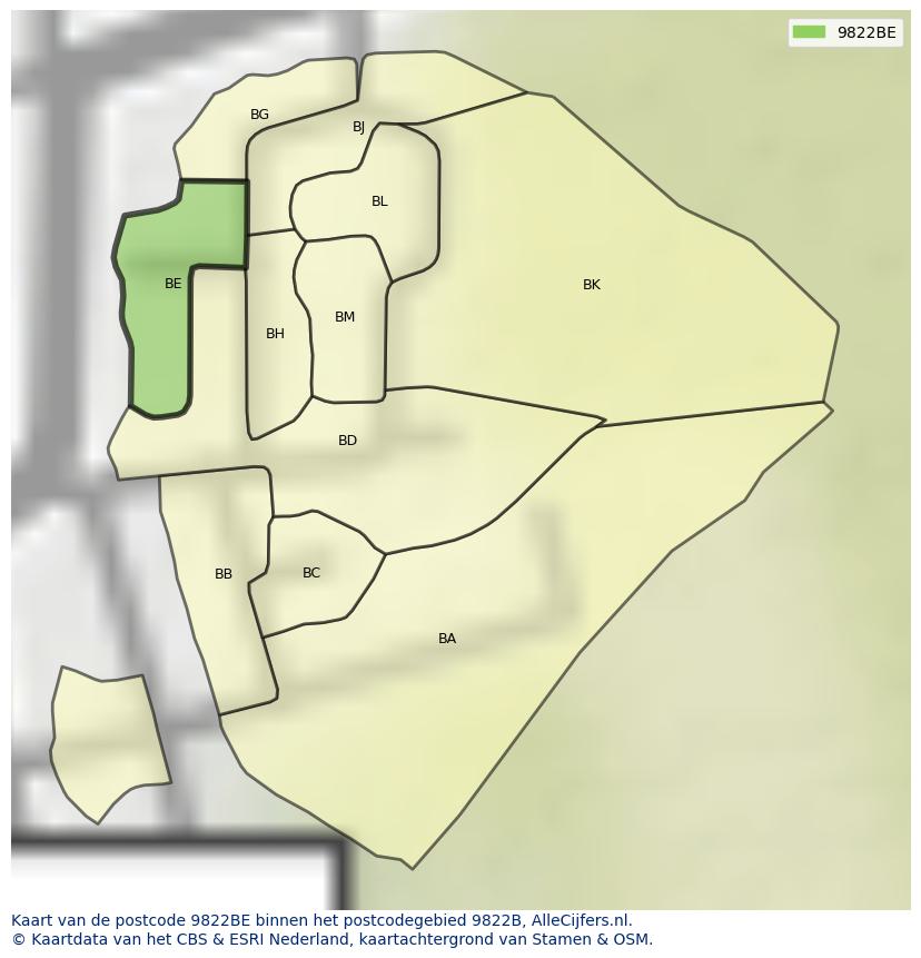 Afbeelding van het postcodegebied 9822 BE op de kaart.