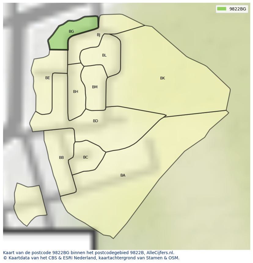 Afbeelding van het postcodegebied 9822 BG op de kaart.