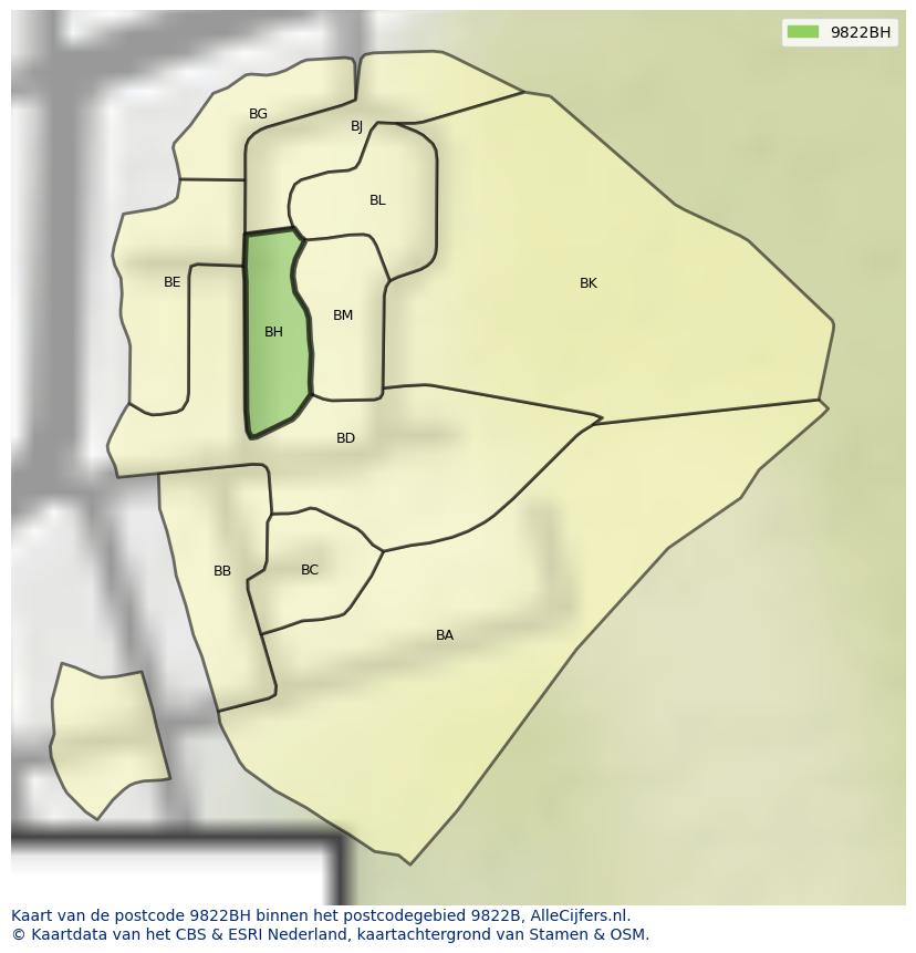 Afbeelding van het postcodegebied 9822 BH op de kaart.