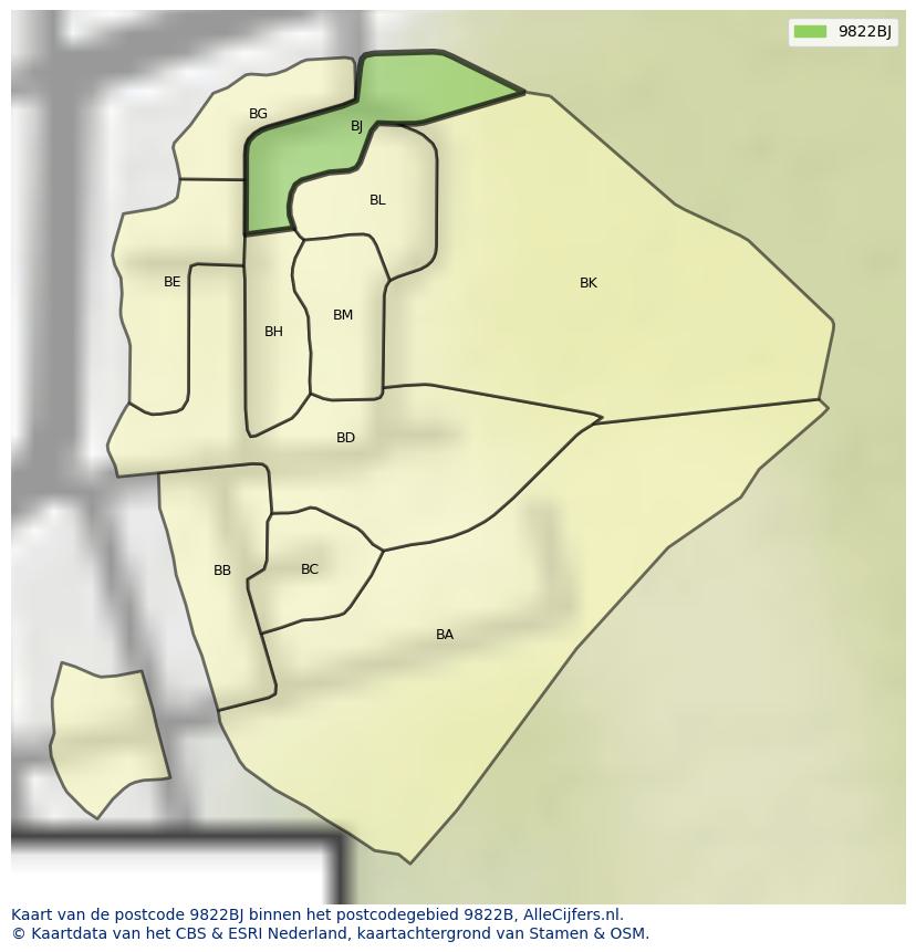 Afbeelding van het postcodegebied 9822 BJ op de kaart.