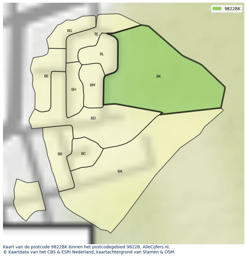 Afbeelding van het postcodegebied 9822 BK op de kaart.
