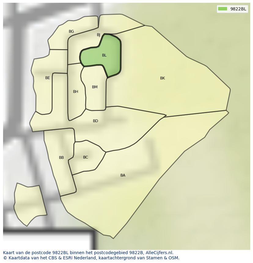 Afbeelding van het postcodegebied 9822 BL op de kaart.