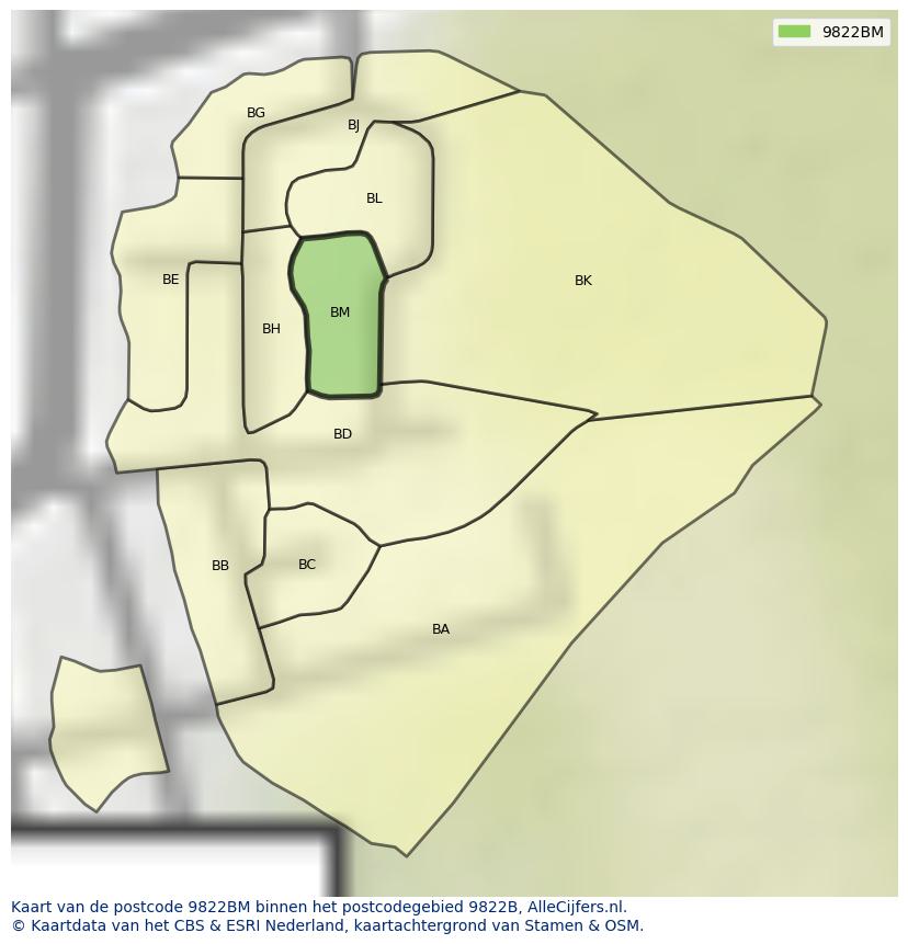 Afbeelding van het postcodegebied 9822 BM op de kaart.