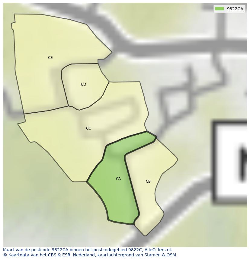 Afbeelding van het postcodegebied 9822 CA op de kaart.