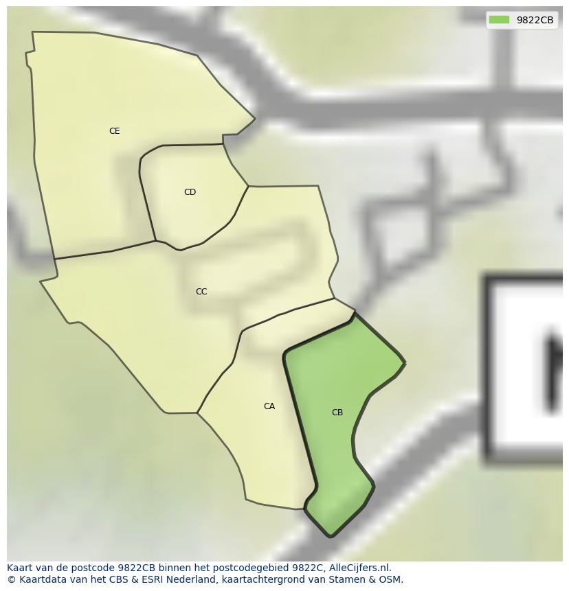 Afbeelding van het postcodegebied 9822 CB op de kaart.