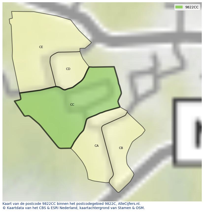 Afbeelding van het postcodegebied 9822 CC op de kaart.